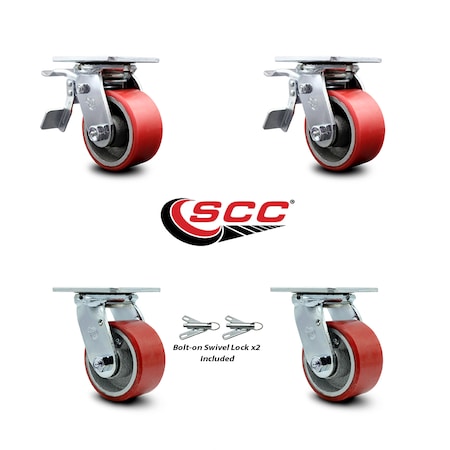 Service Caster 4 Inch Red Poly on Cast Iron Caster Set with Ball Bearing 2 Brakes 2 Swivel Lock SCC-TTL30S420-PUB-RS-2-BSL-2